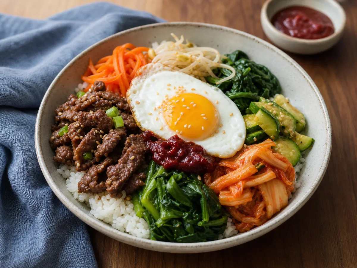 Illustrative image of beef bibimbap served in a simple everyday setting