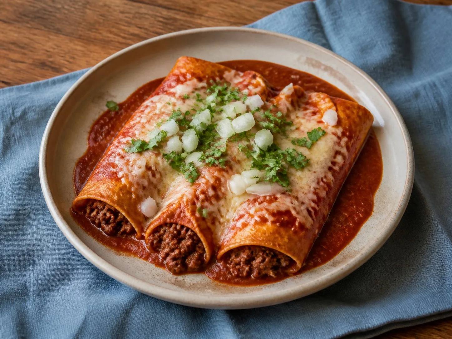 Illustrative image of beef enchiladas served in a simple everyday setting