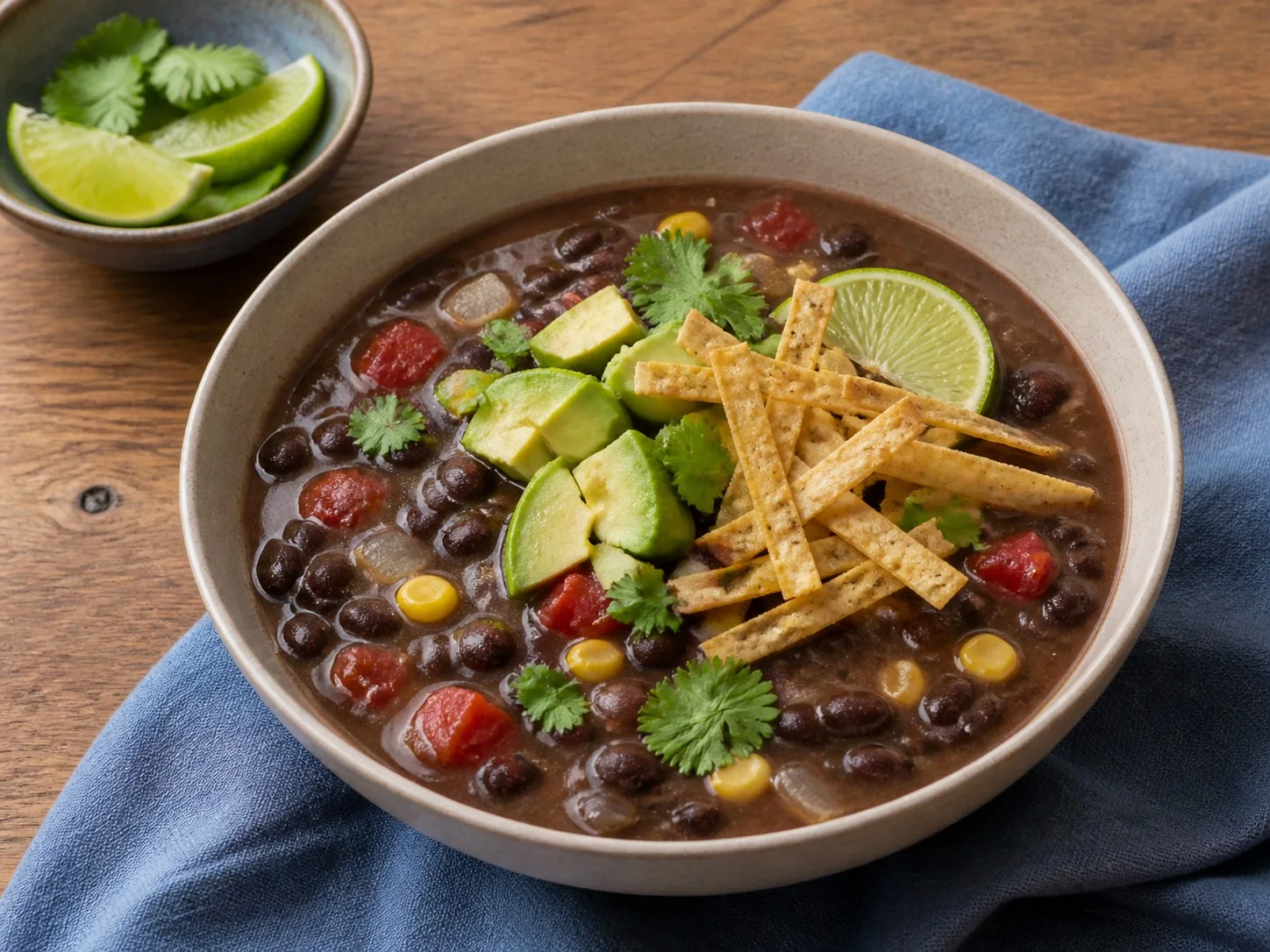 Illustrative image of black bean soup served in a simple everyday setting