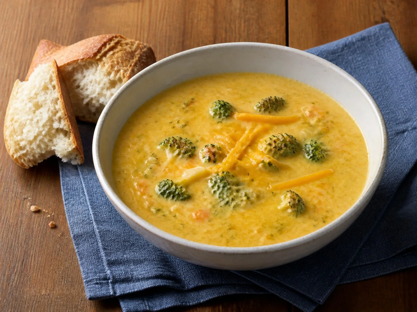 Illustrative image of broccoli cheddar soup served in a simple everyday setting