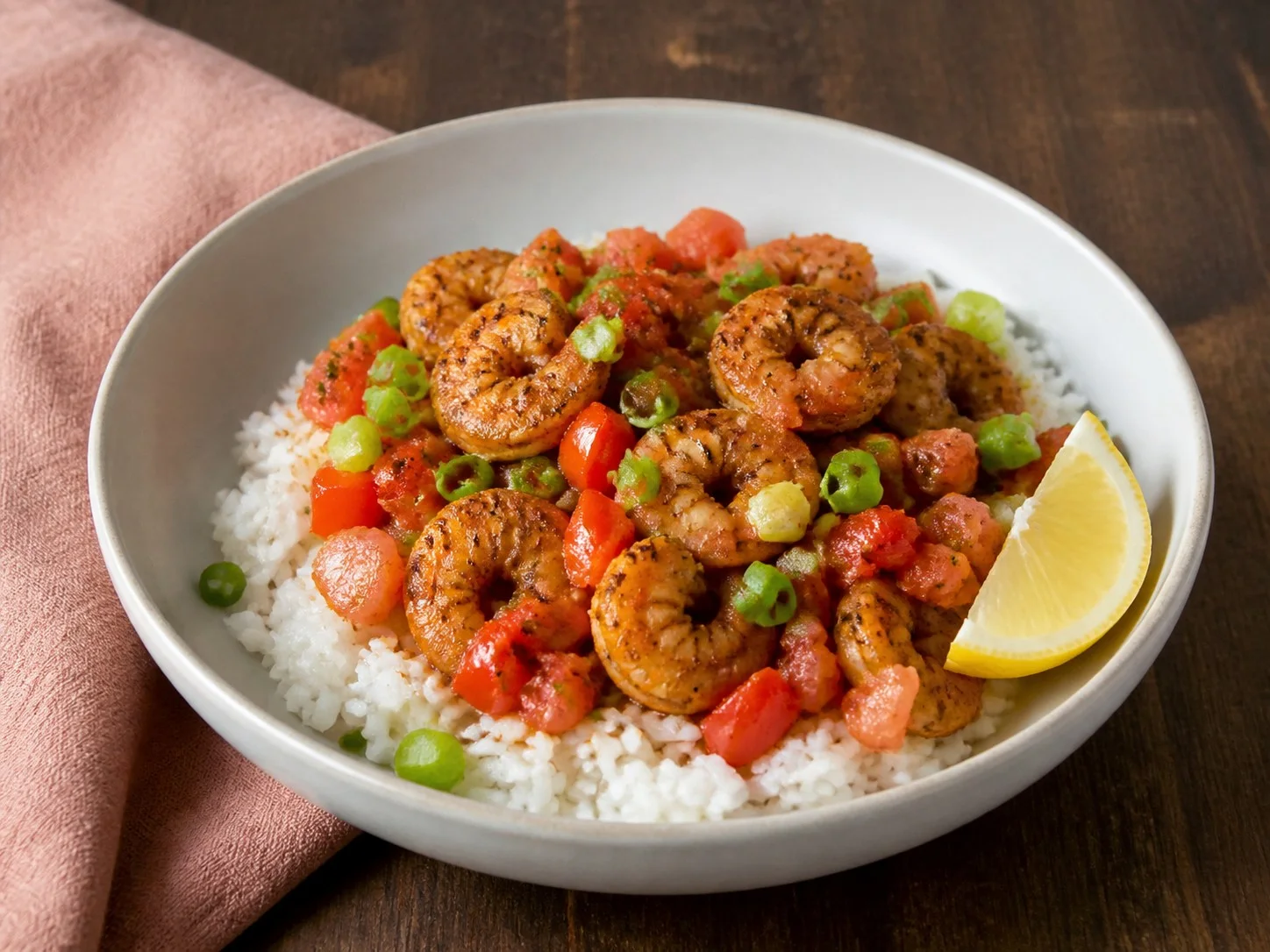 Illustrative image of cajun shrimp and rice served in a simple everyday setting