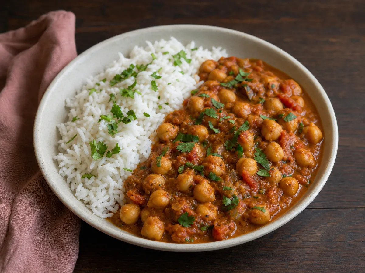 Illustrative image of chana masala with rice served in a simple everyday setting