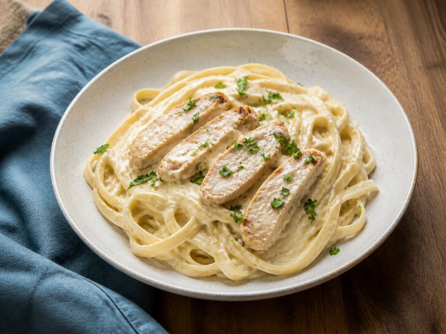 Illustrative image of chicken alfredo served in a simple everyday setting
