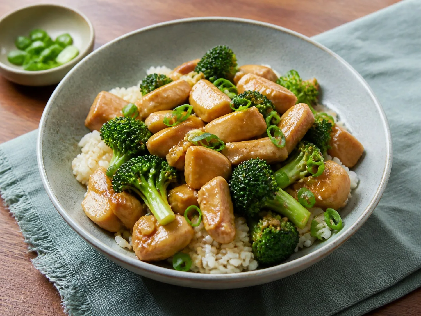 Illustrative image of chicken and broccoli rice served in a simple everyday setting