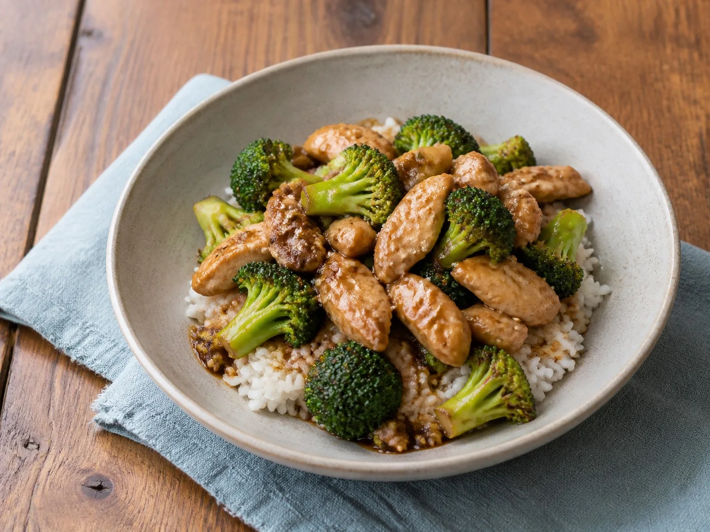 Illustrative image of chicken and broccoli served in a simple everyday setting