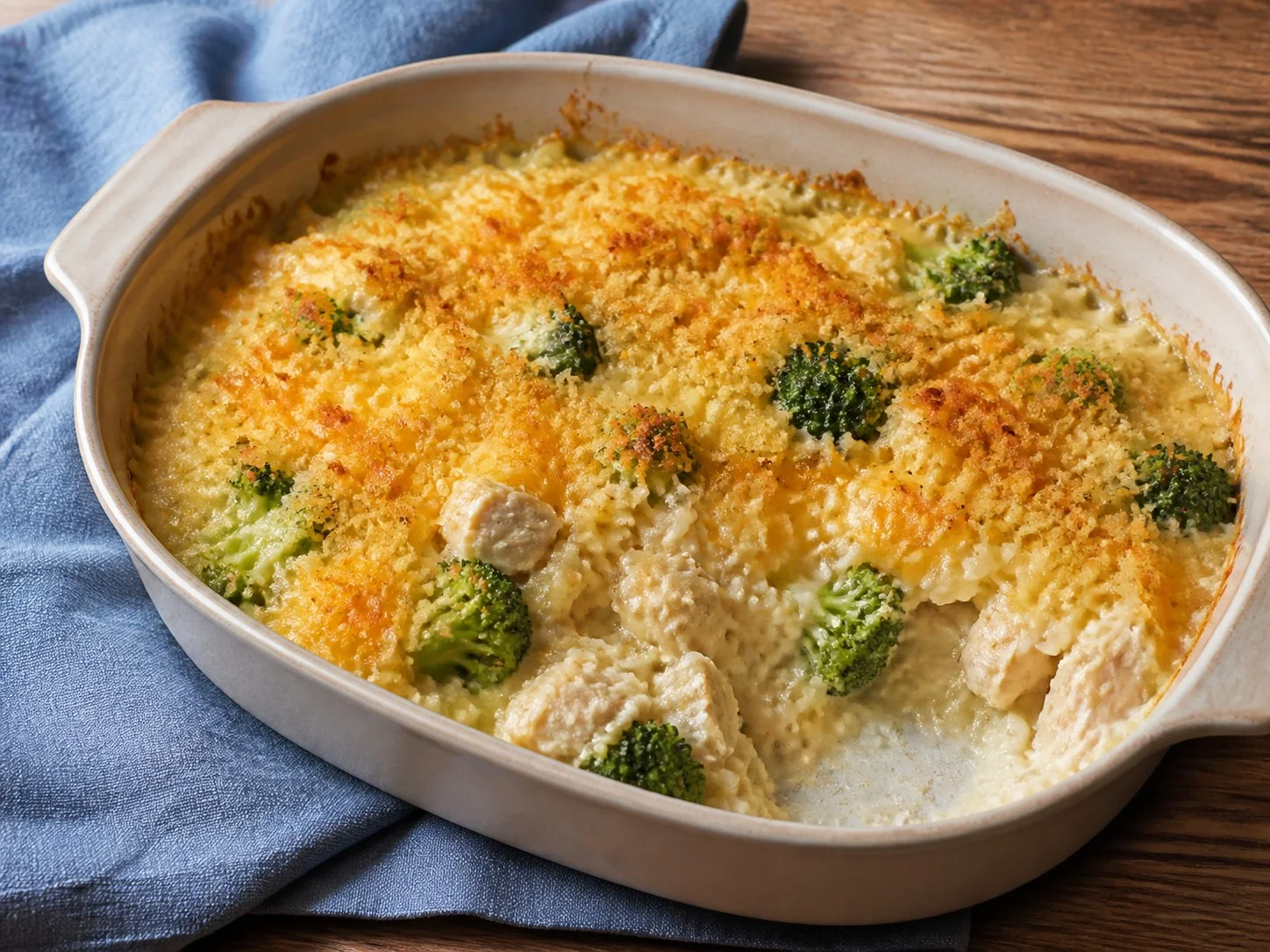 Illustrative image of chicken broccoli casserole served in a simple everyday setting