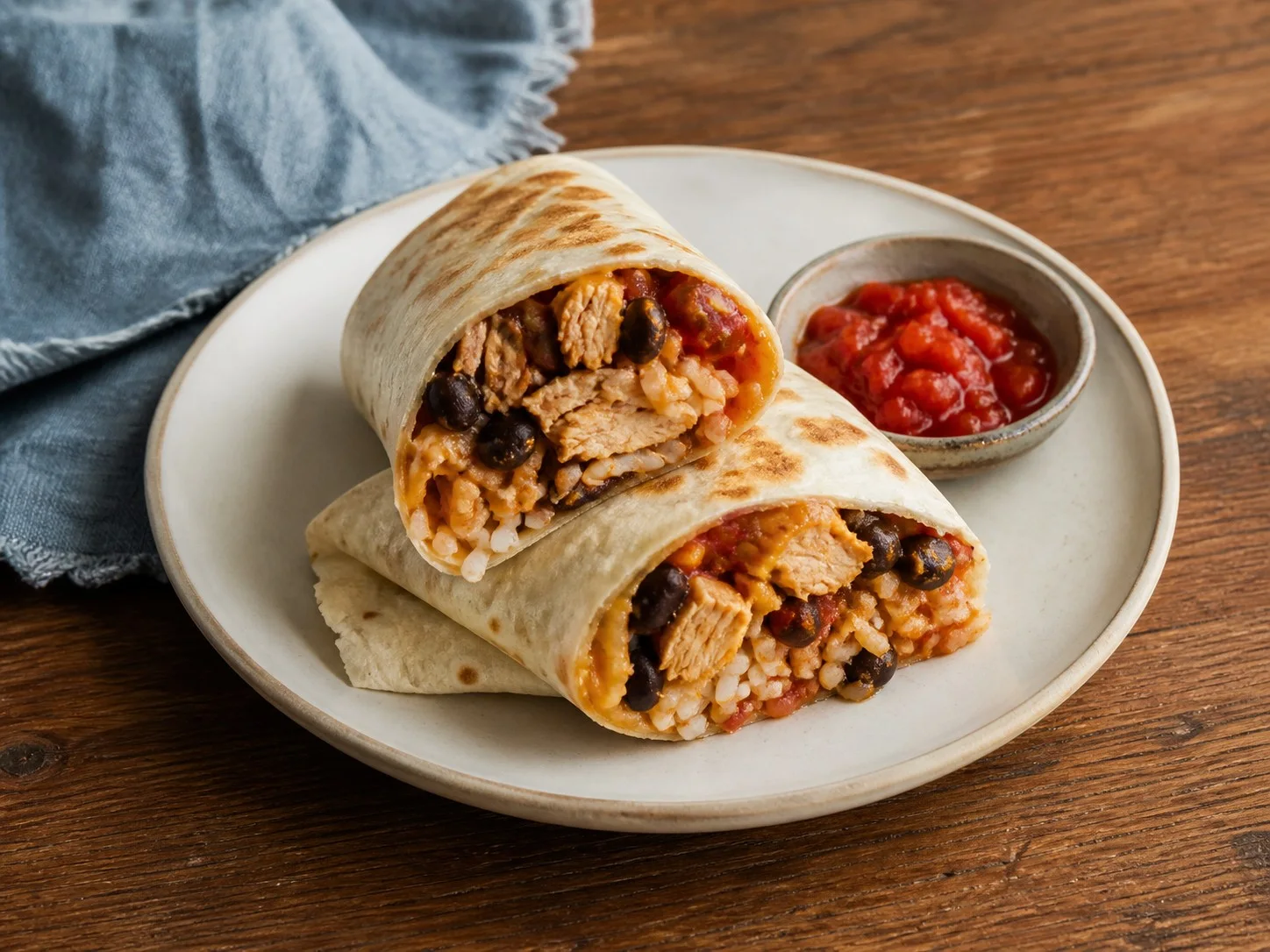 Illustrative image of chicken burritos served in a simple everyday setting