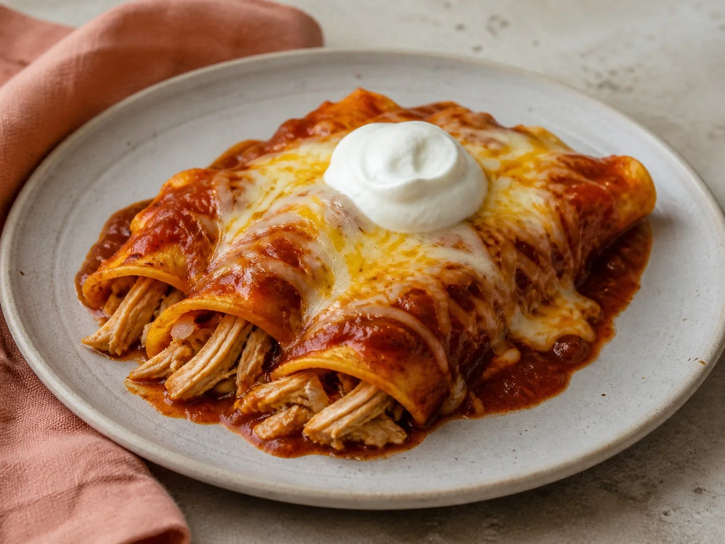 Illustrative image of chicken enchiladas served in a simple everyday setting