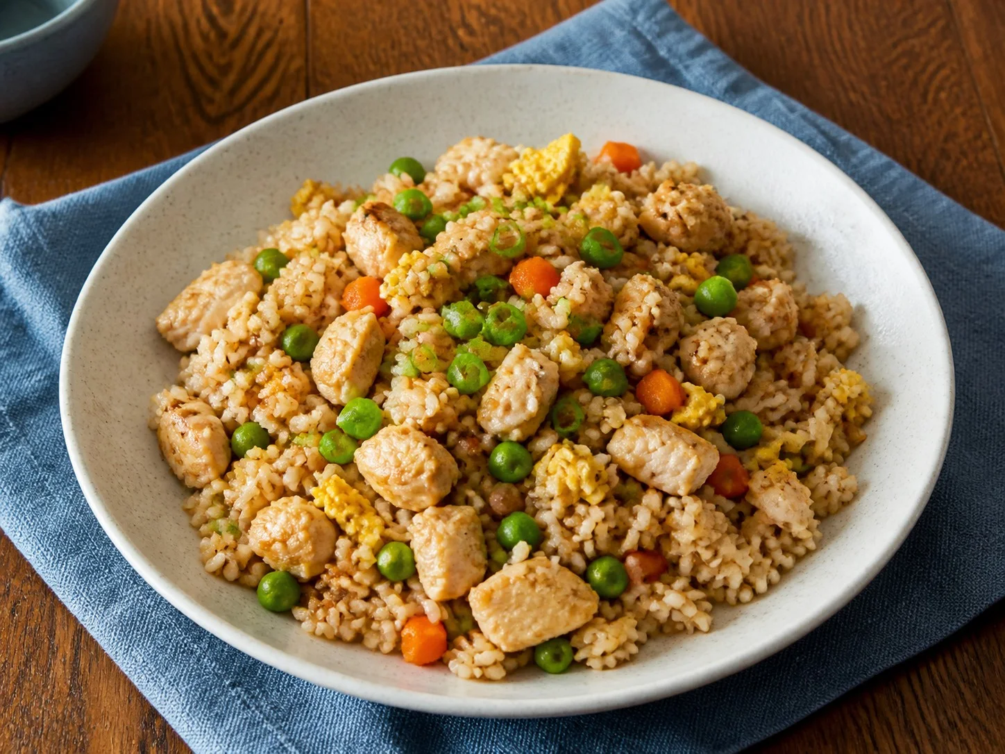 Illustrative image of chicken fried rice served in a simple everyday setting