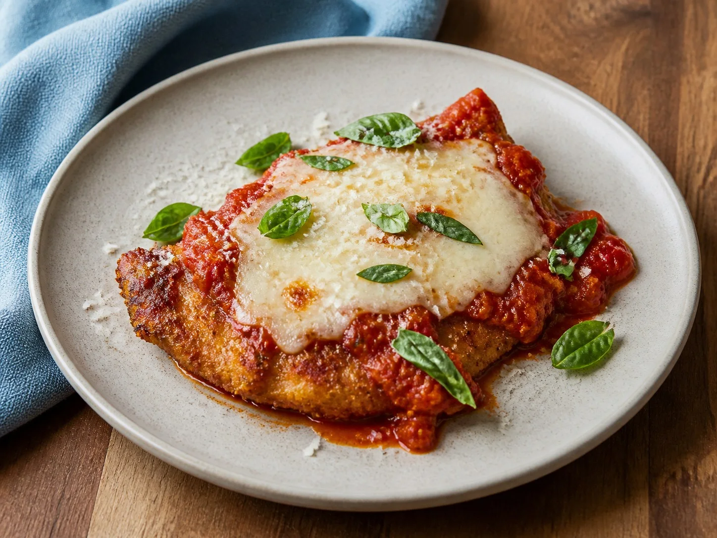 Illustrative image of chicken parmesan served in a simple everyday setting