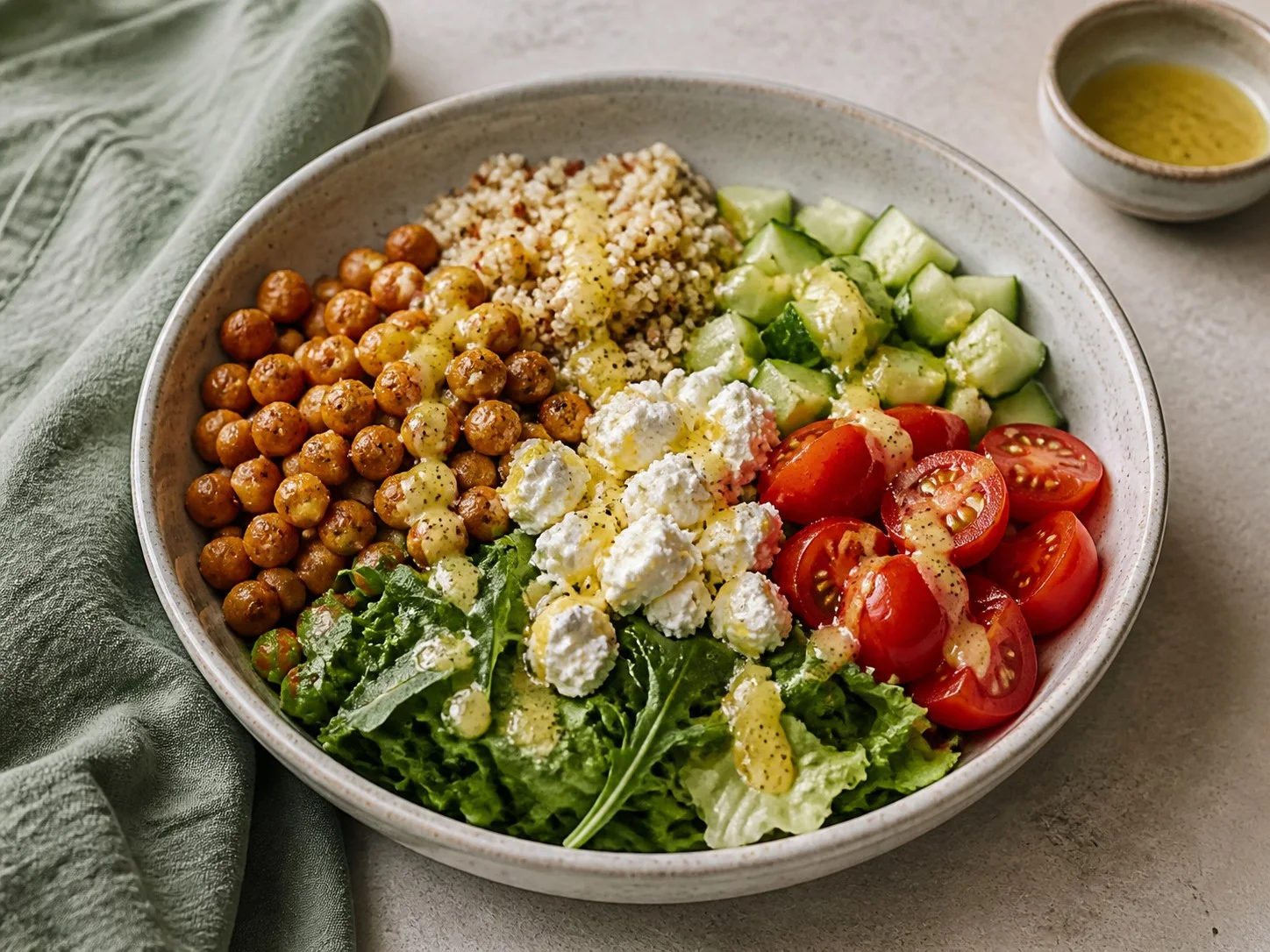 Illustrative image of chickpea quinoa bowls served in a simple everyday setting