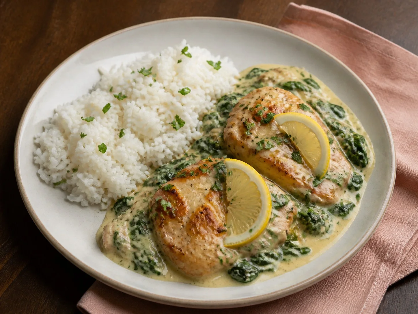 Illustrative image of creamy lemon chicken served in a simple everyday setting