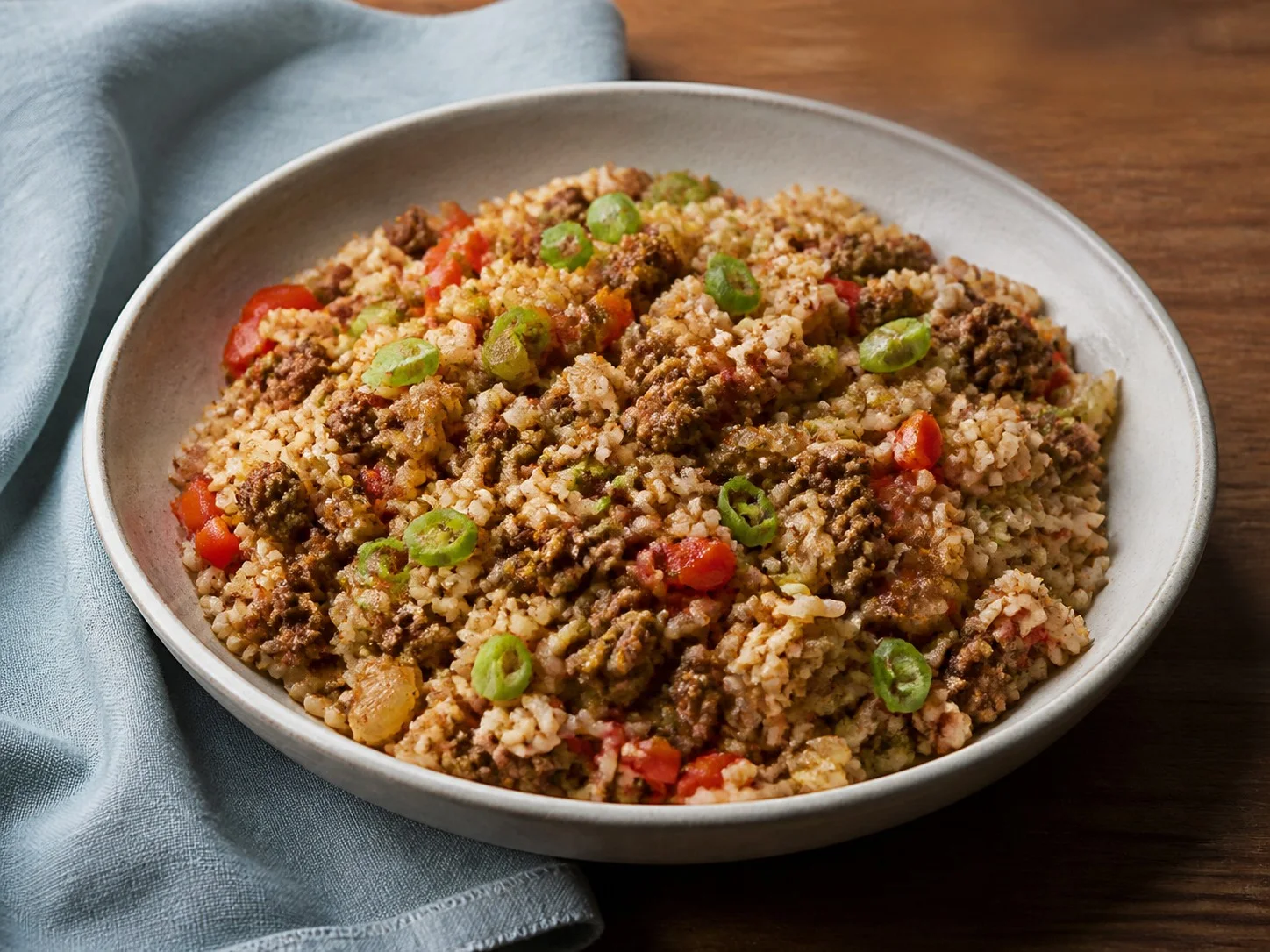 Illustrative image of dirty rice served in a simple everyday setting