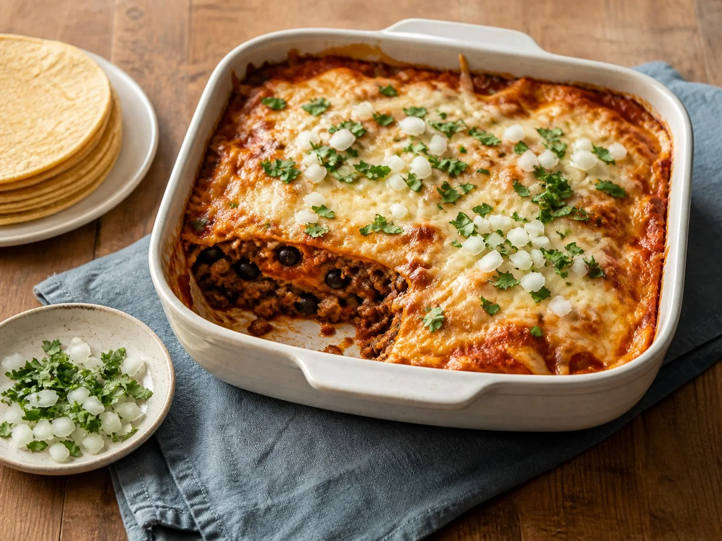 Illustrative image of enchilada casserole served in a simple everyday setting