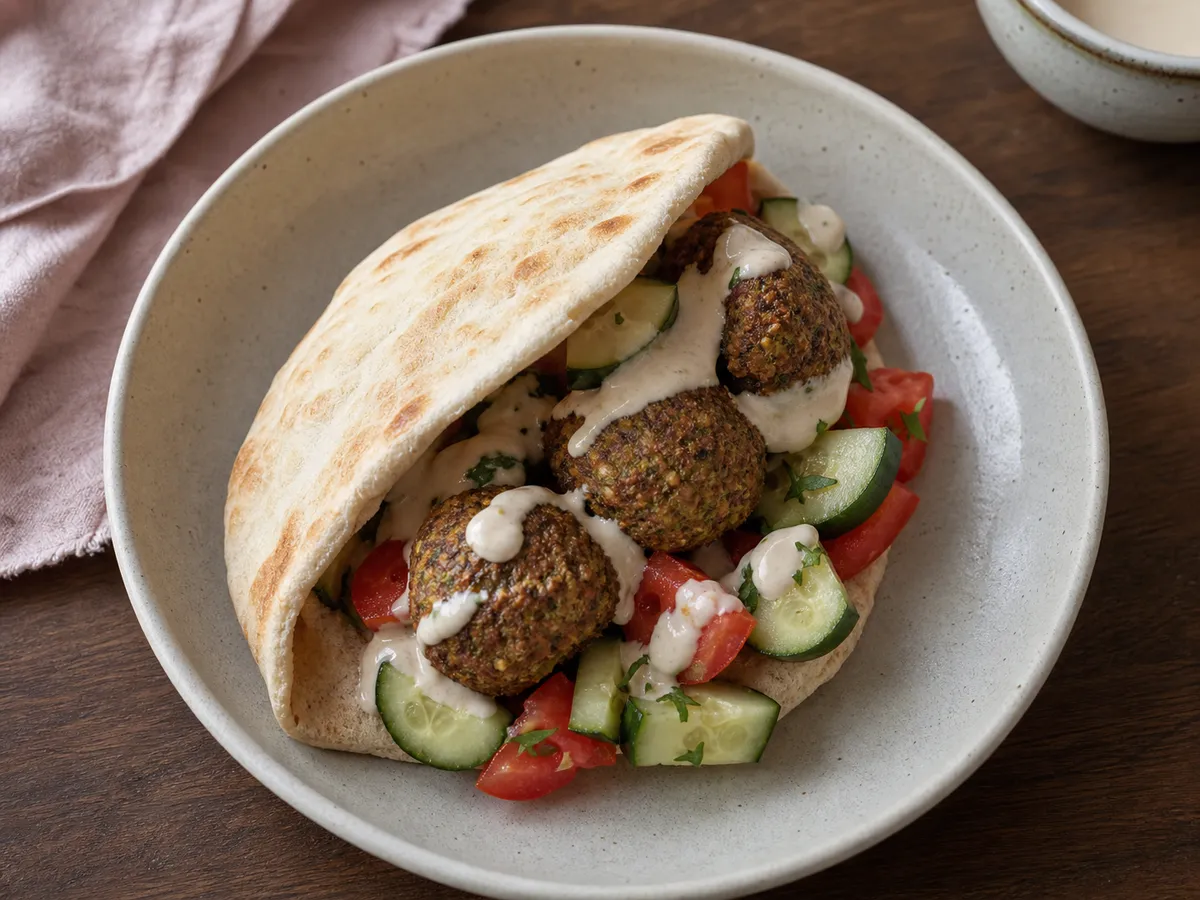 Illustrative image of falafel pita served in a simple everyday setting