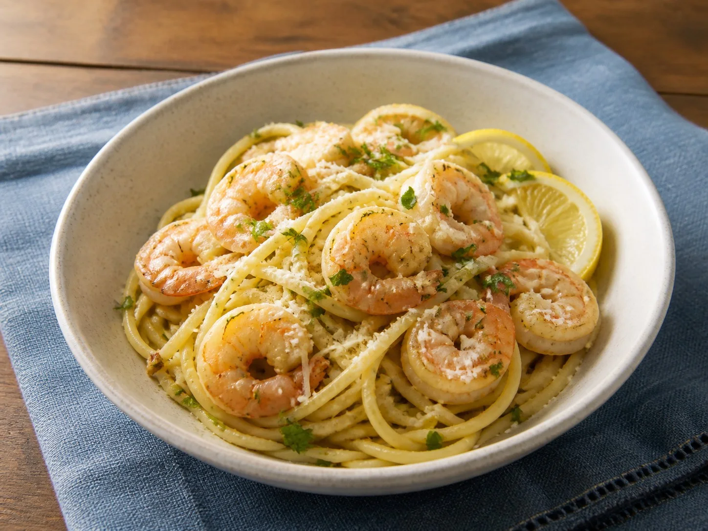 Illustrative image of garlic butter shrimp pasta served in a simple everyday setting
