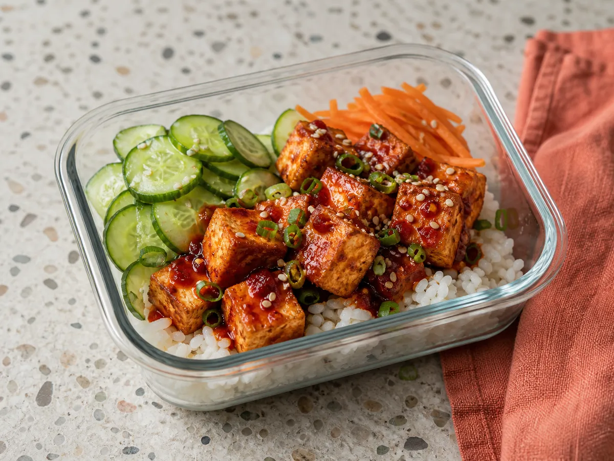 Illustrative image of gochujang tofu rice bowl served in a simple everyday setting