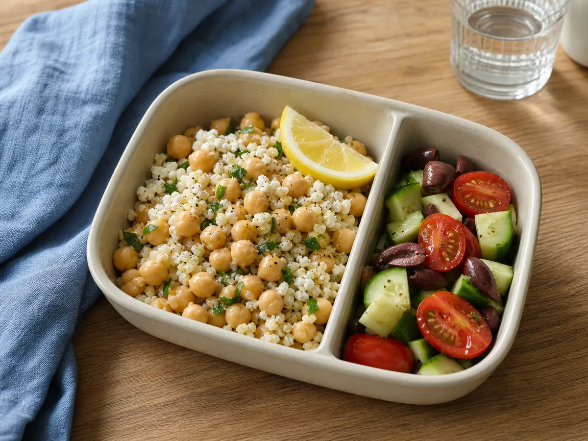 Illustrative image of greek chickpea bowl served in a simple everyday setting