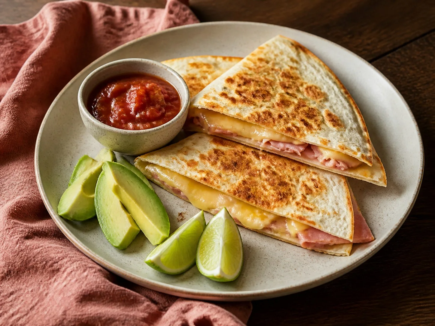 Illustrative image of ham and cheese quesadillas served in a simple everyday setting