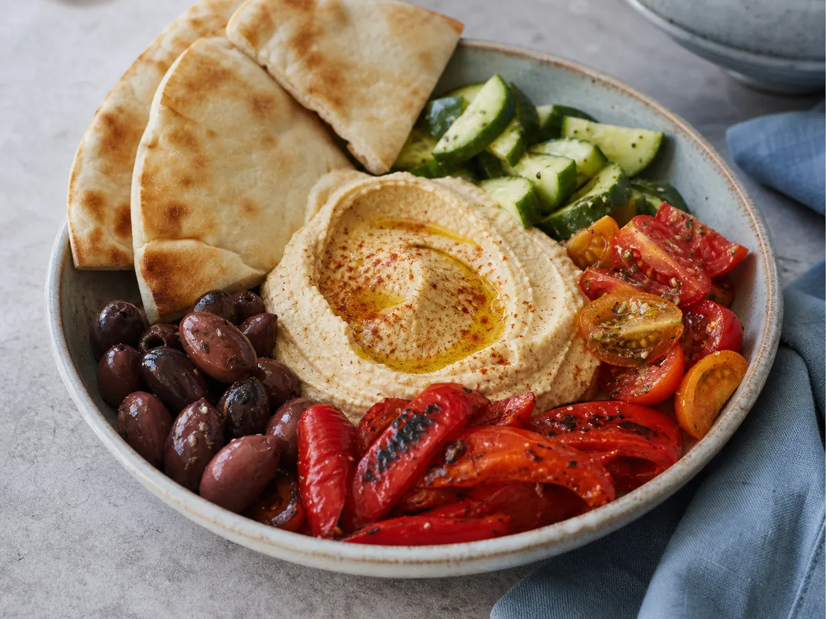 Illustrative image of hummus mezze plate served in a simple everyday setting