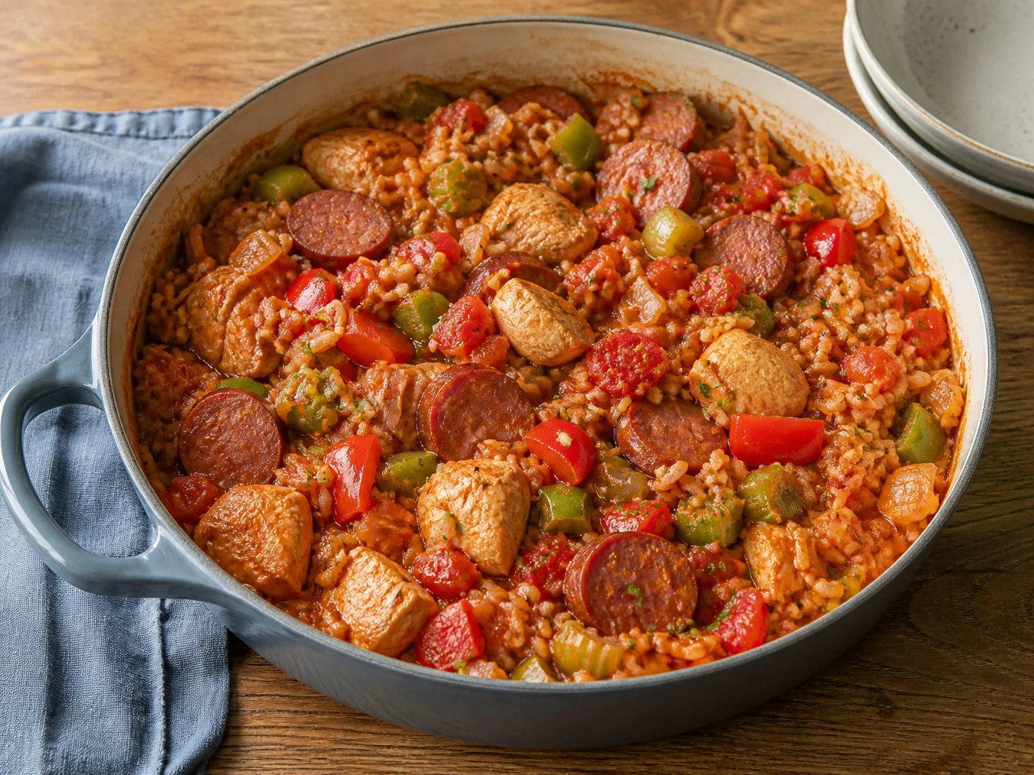 Illustrative image of jambalaya served in a simple everyday setting