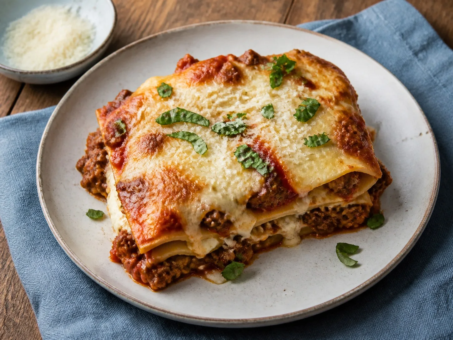 Illustrative image of lasagna served in a simple everyday setting