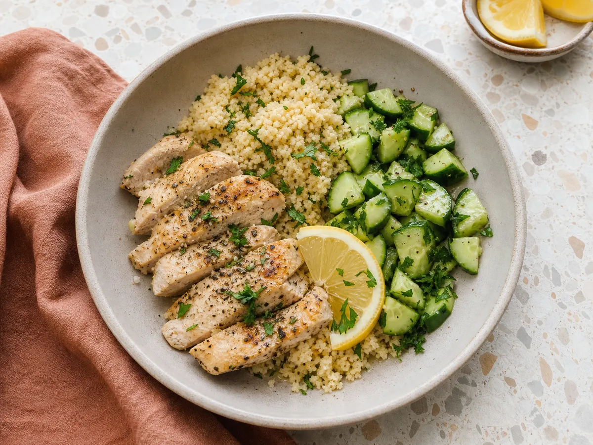 Illustrative image of lemon chicken couscous served in a simple everyday setting