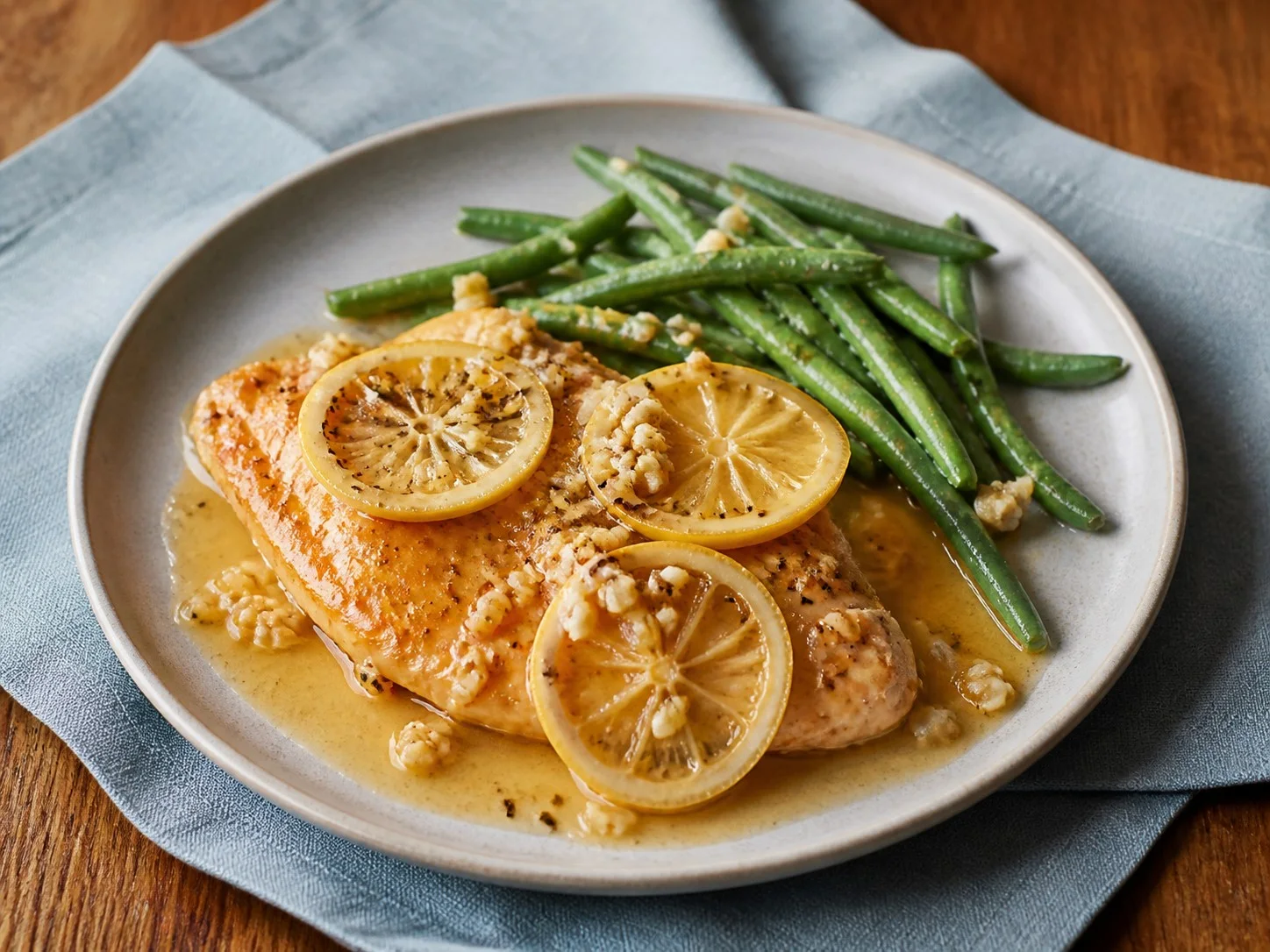 Illustrative image of lemon garlic chicken served in a simple everyday setting