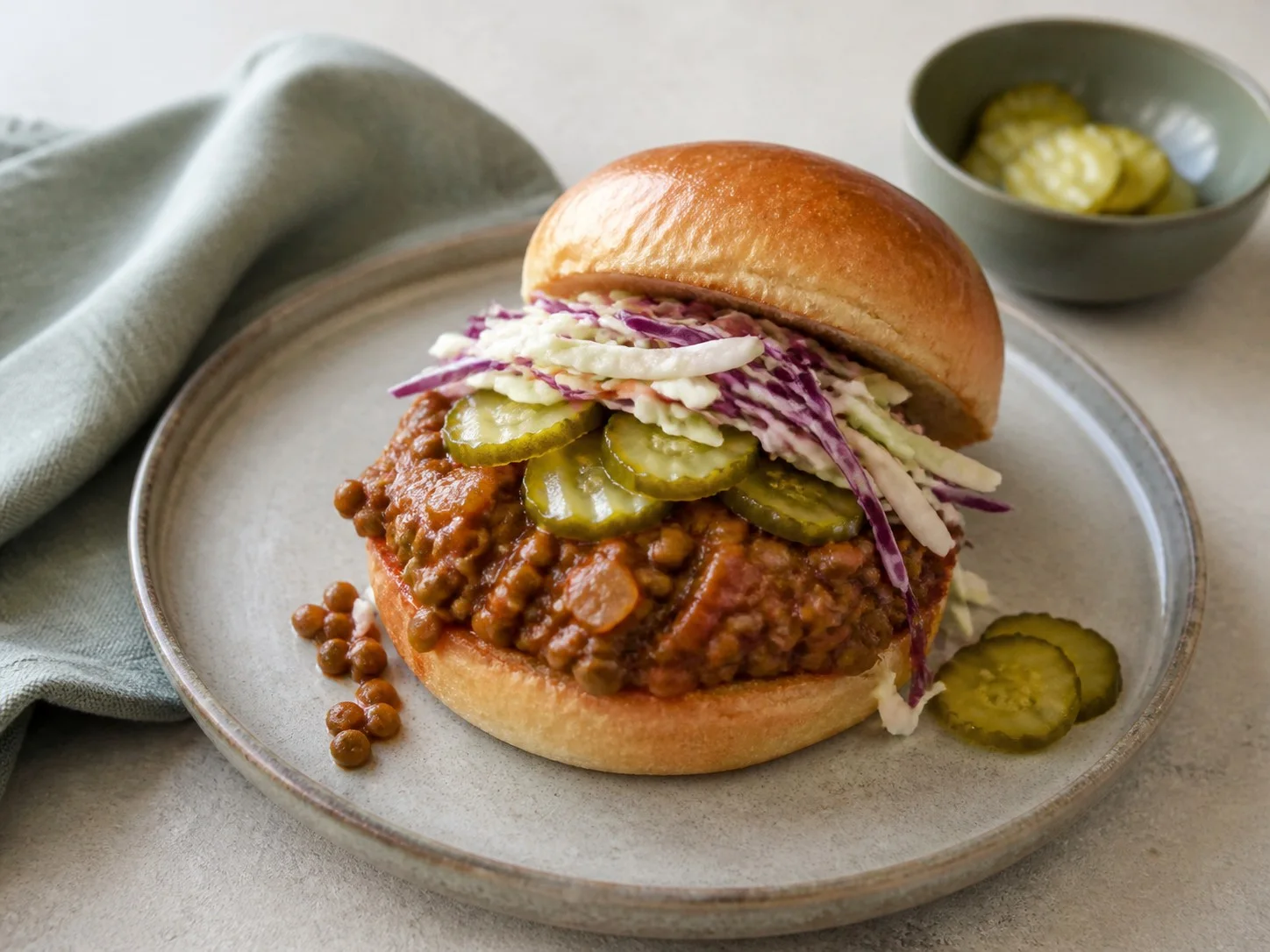 Illustrative image of lentil sloppy joes served in a simple everyday setting
