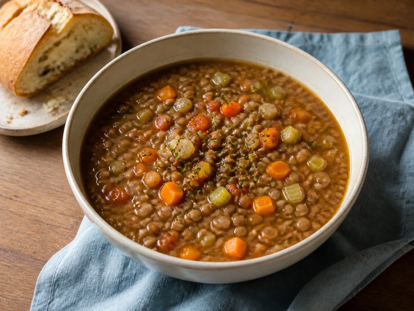 Illustrative image of lentil soup served in a simple everyday setting