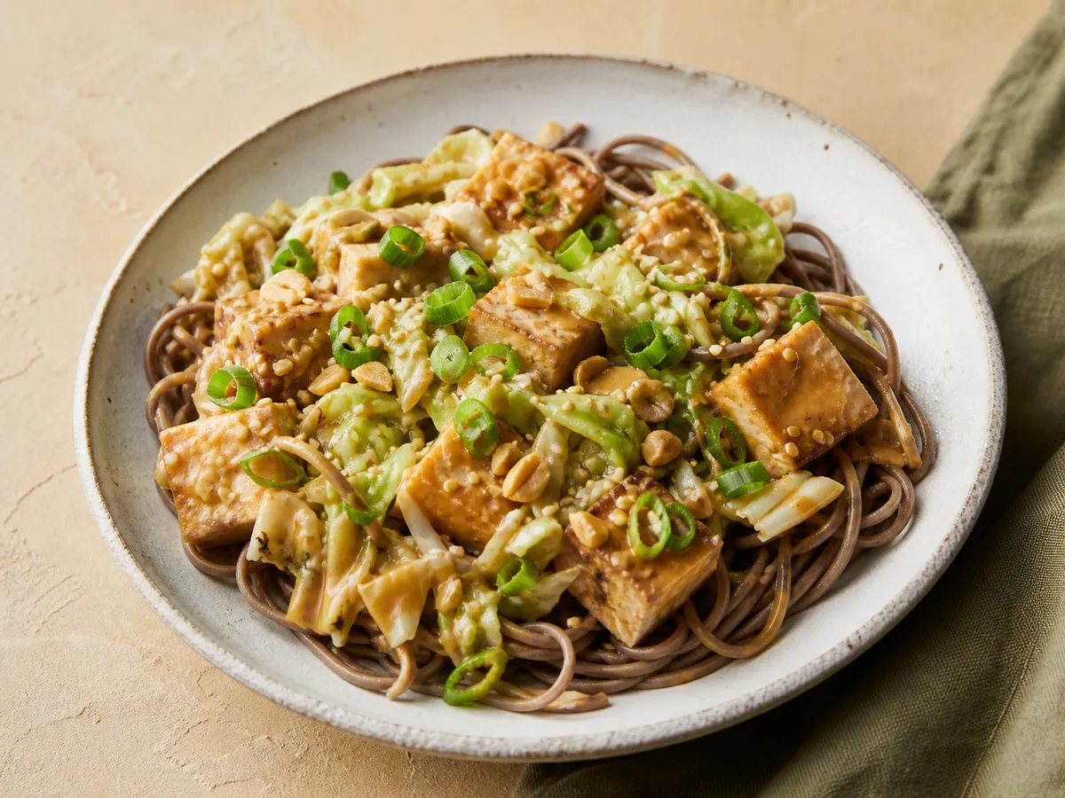 Illustrative image of miso tofu soba served in a simple everyday setting