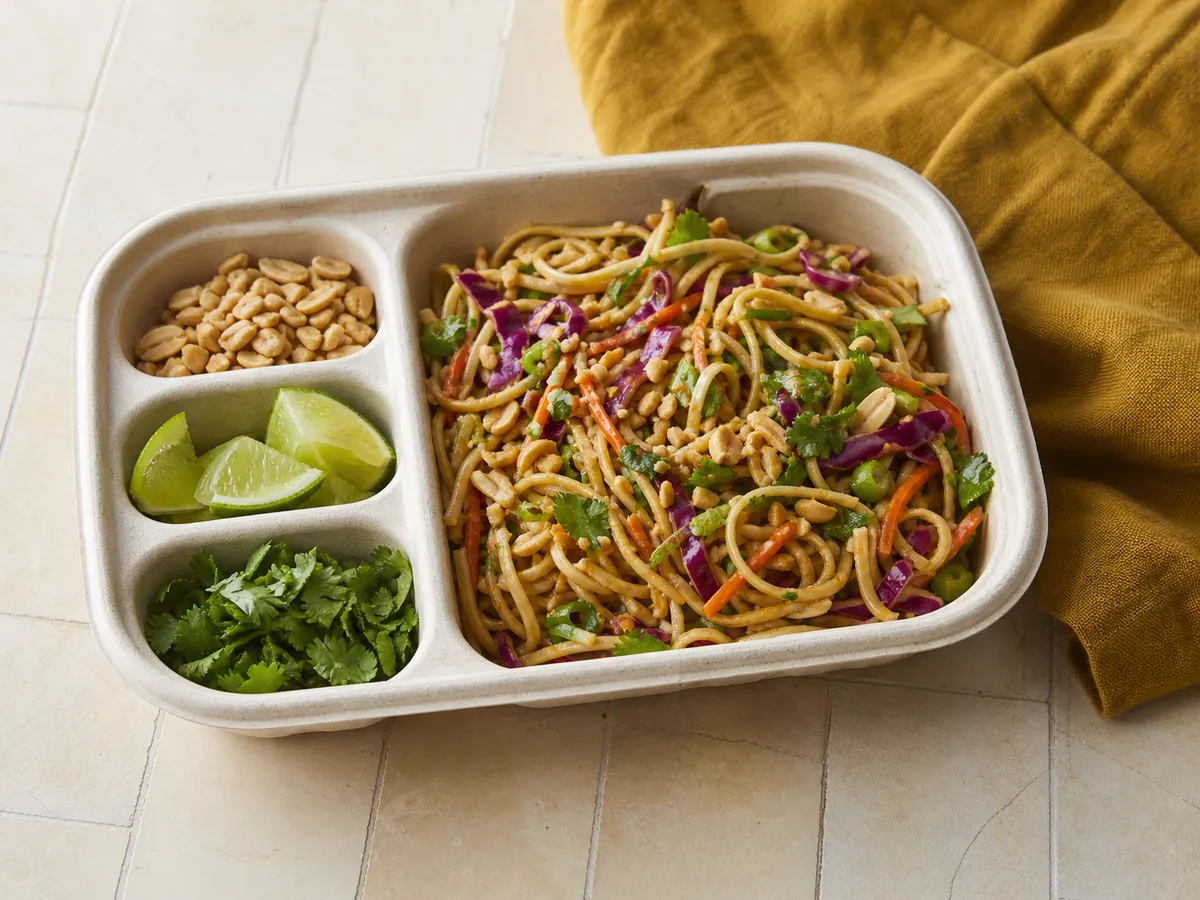 Illustrative image of peanut lime noodle salad served in a simple everyday setting