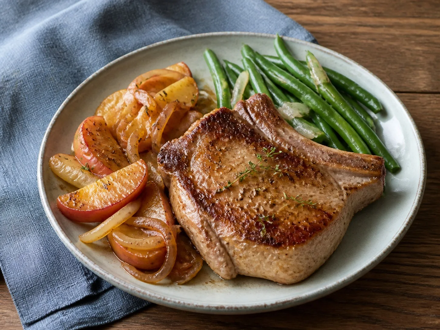 Illustrative image of pork chops with apples served in a simple everyday setting