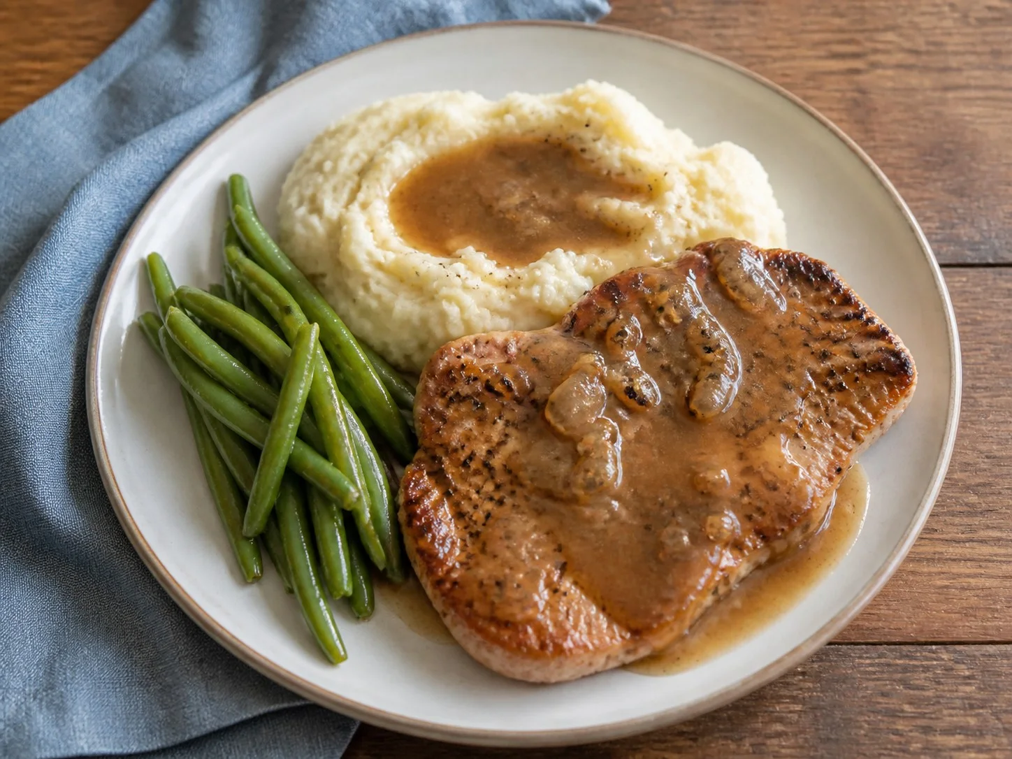 Illustrative image of pork chops with mashed potatoes served in a simple everyday setting