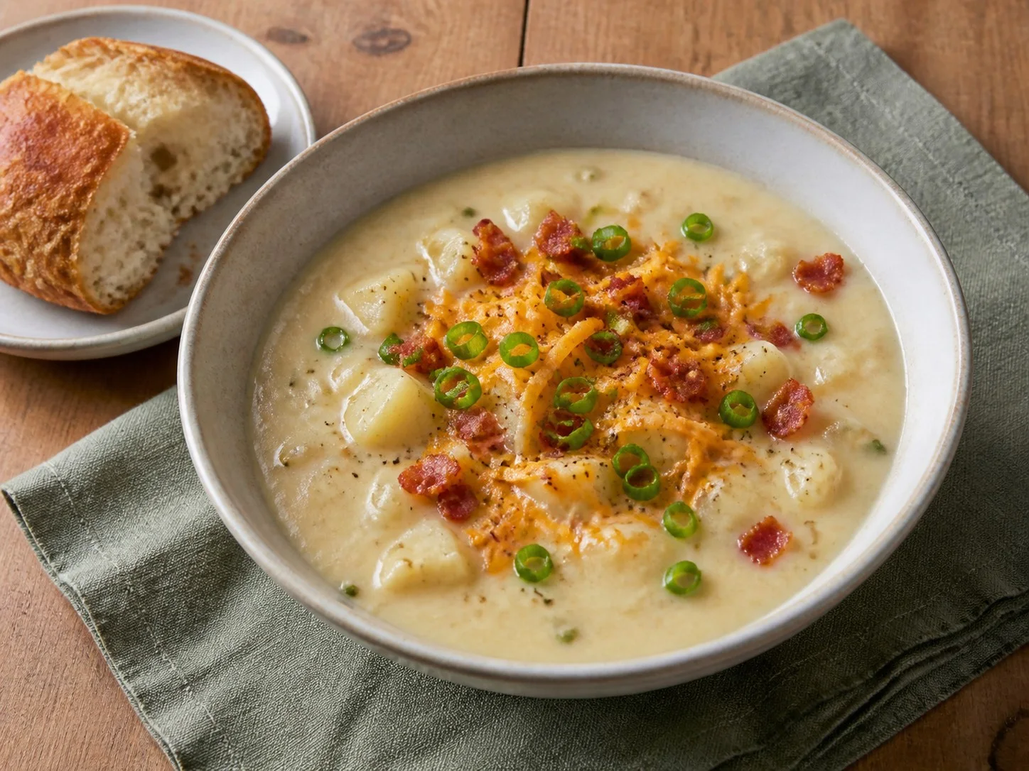 Illustrative image of potato soup served in a simple everyday setting