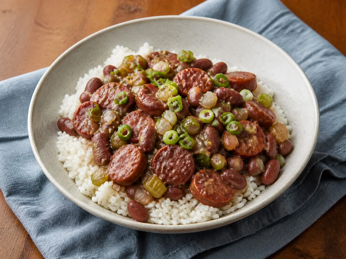 Illustrative image of red beans and rice served in a simple everyday setting