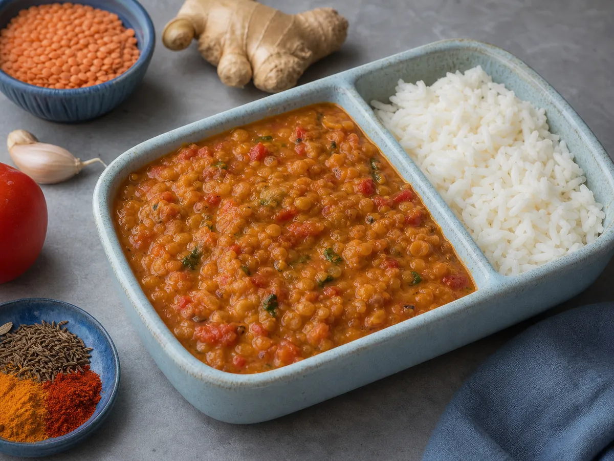 Illustrative image of red lentil dal served in a simple everyday setting
