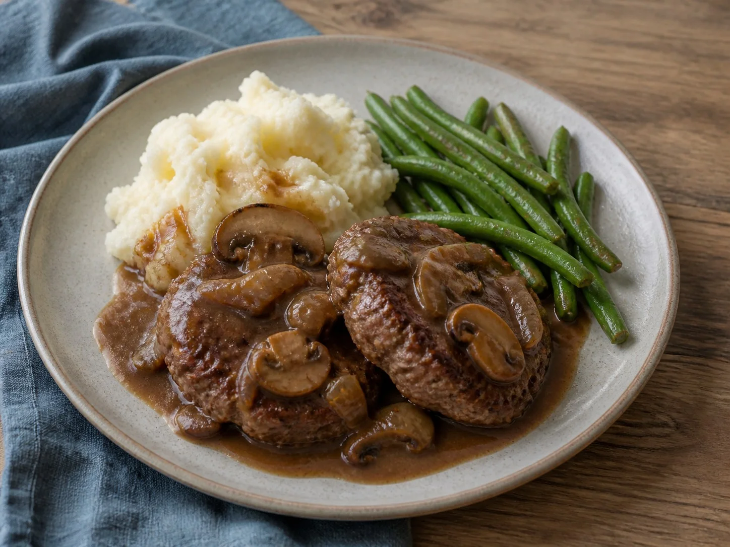 Illustrative image of salisbury steak served in a simple everyday setting