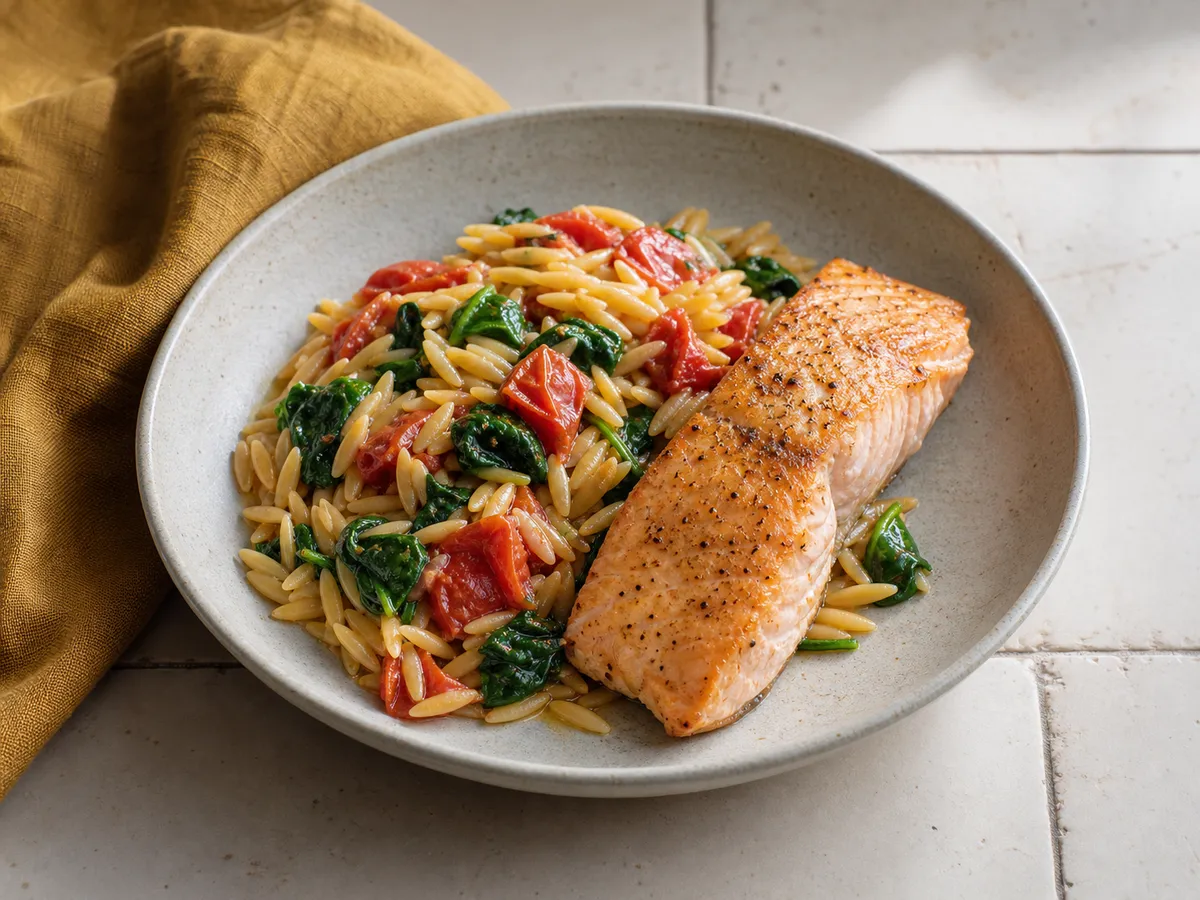 Illustrative image of salmon tomato orzo served in a simple everyday setting