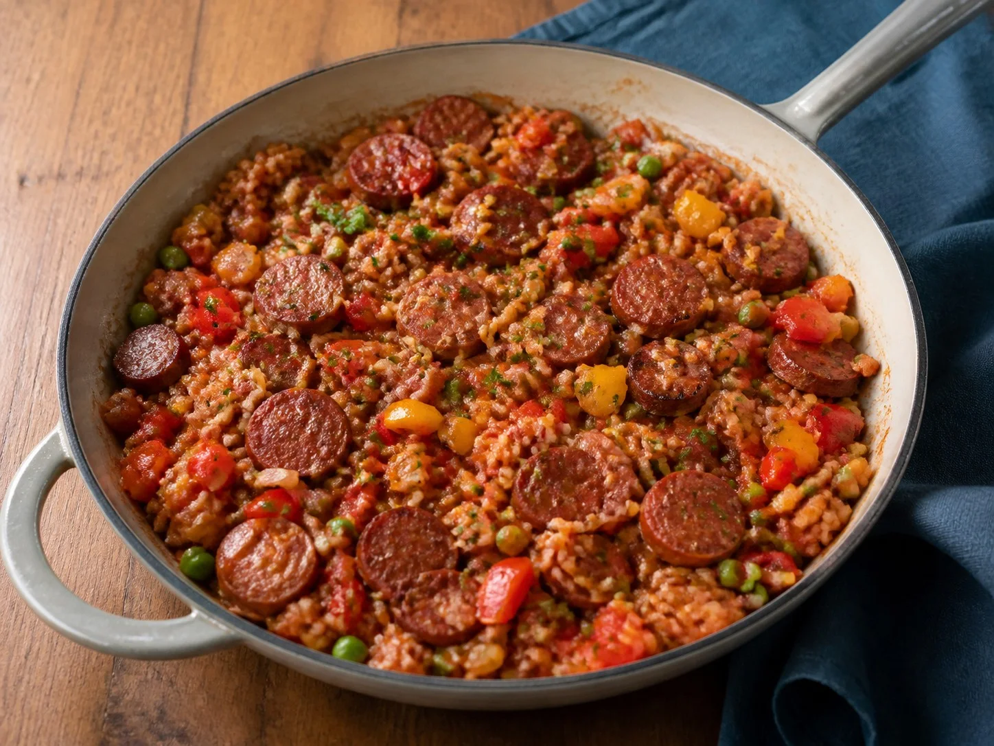 Illustrative image of sausage and rice skillet served in a simple everyday setting