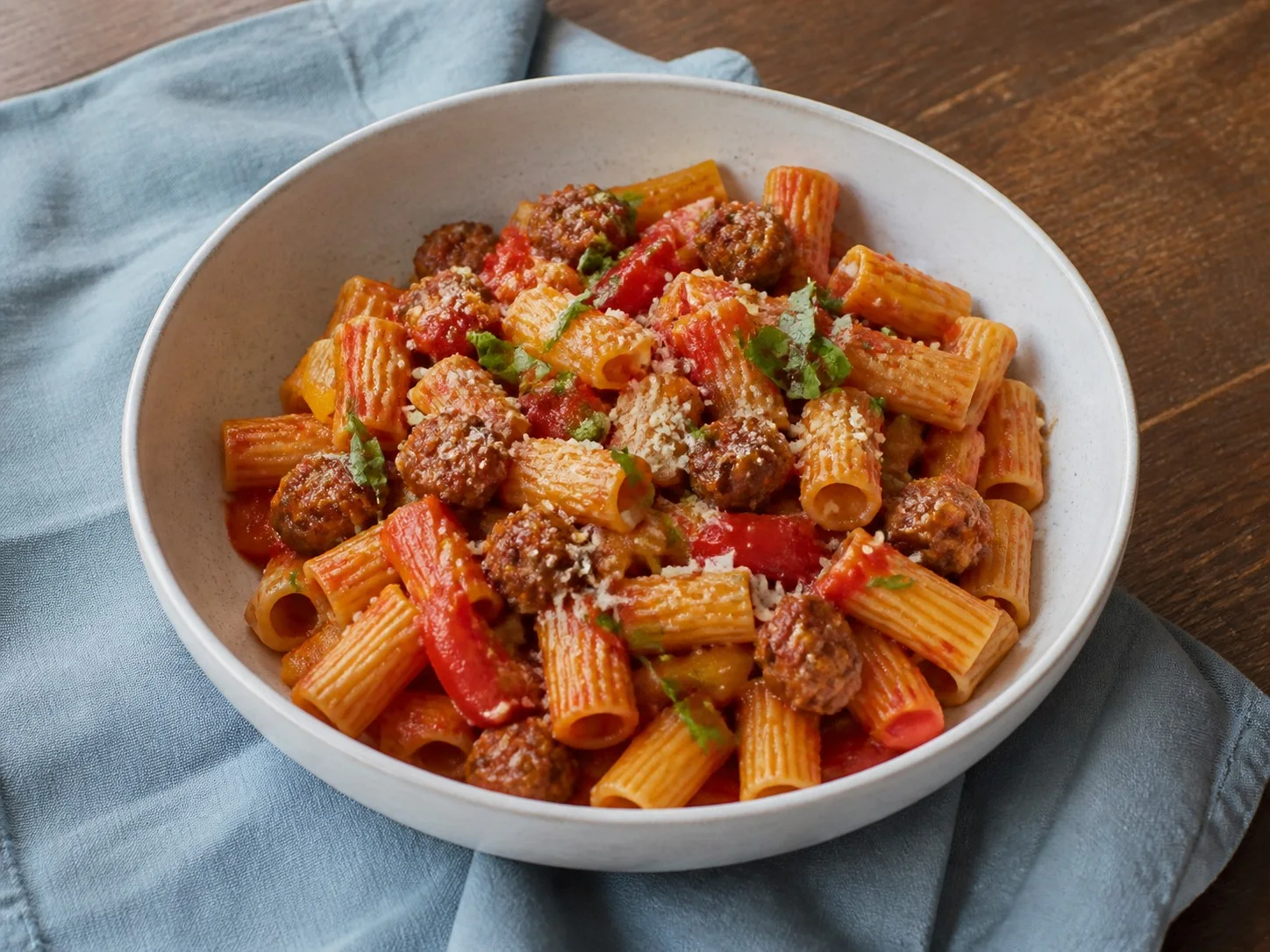 Illustrative image of sausage pasta served in a simple everyday setting