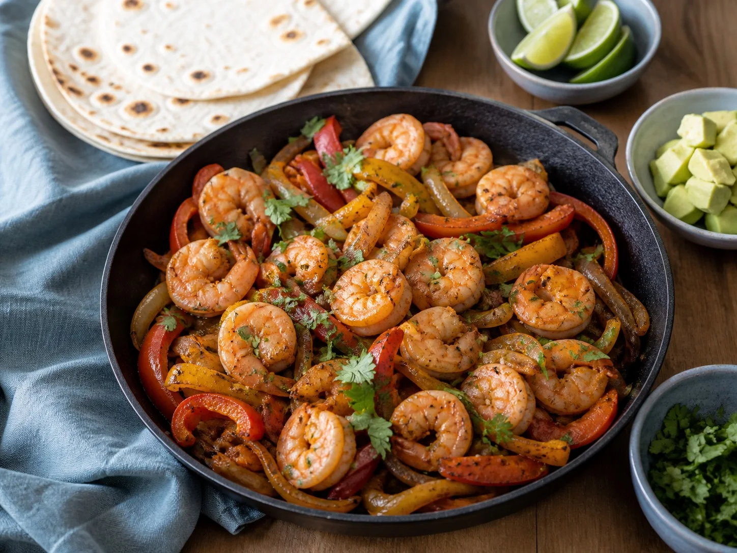 Illustrative image of shrimp fajitas served in a simple everyday setting