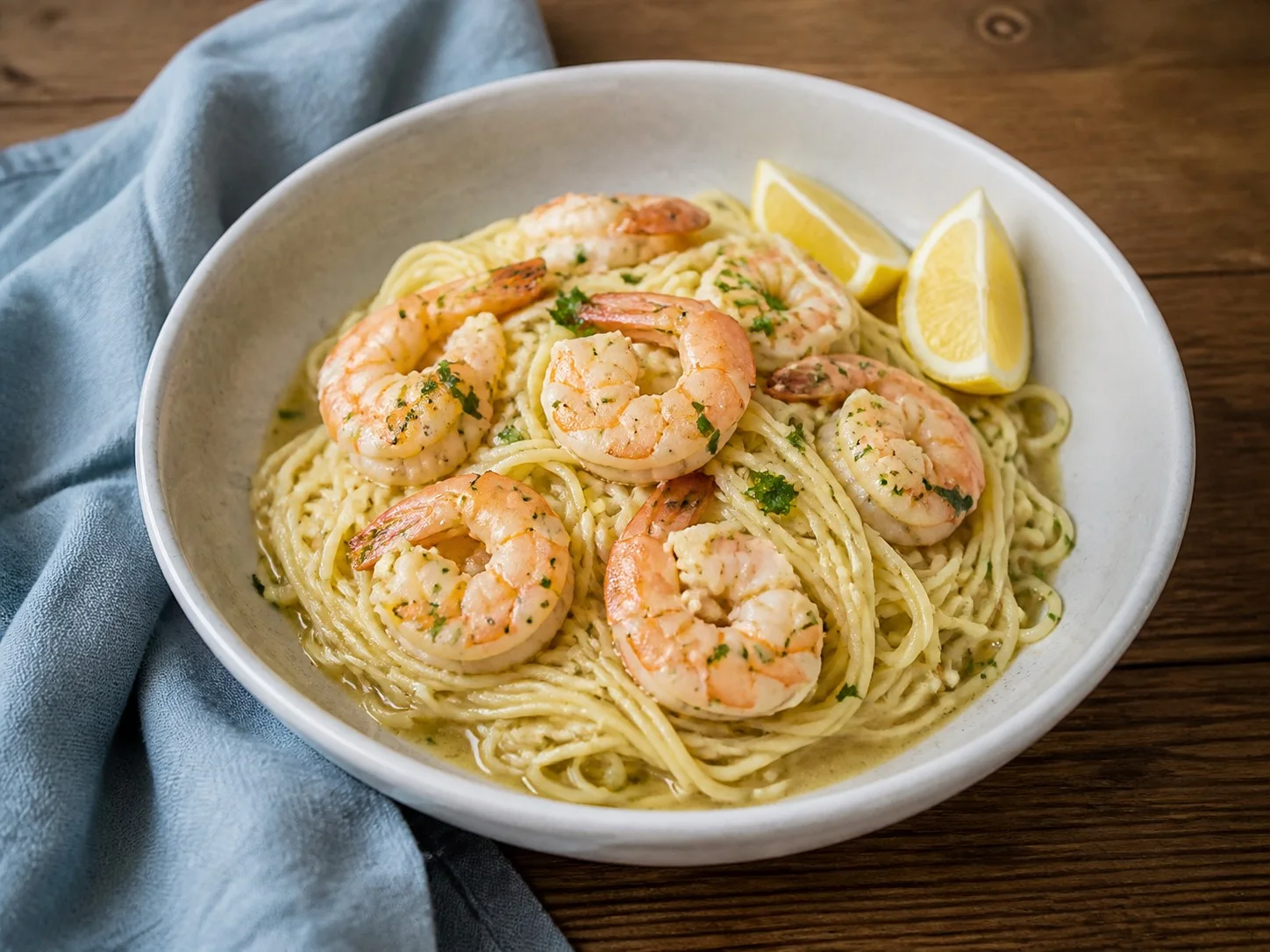 Illustrative image of shrimp scampi served in a simple everyday setting