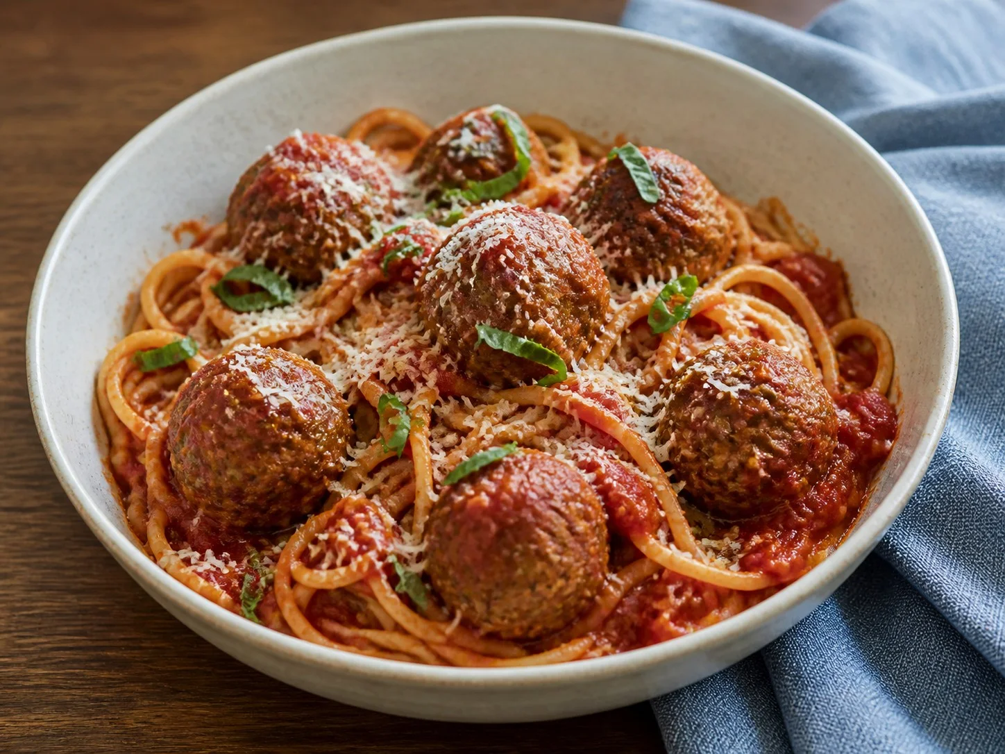 Illustrative image of spaghetti and meatballs served in a simple everyday setting