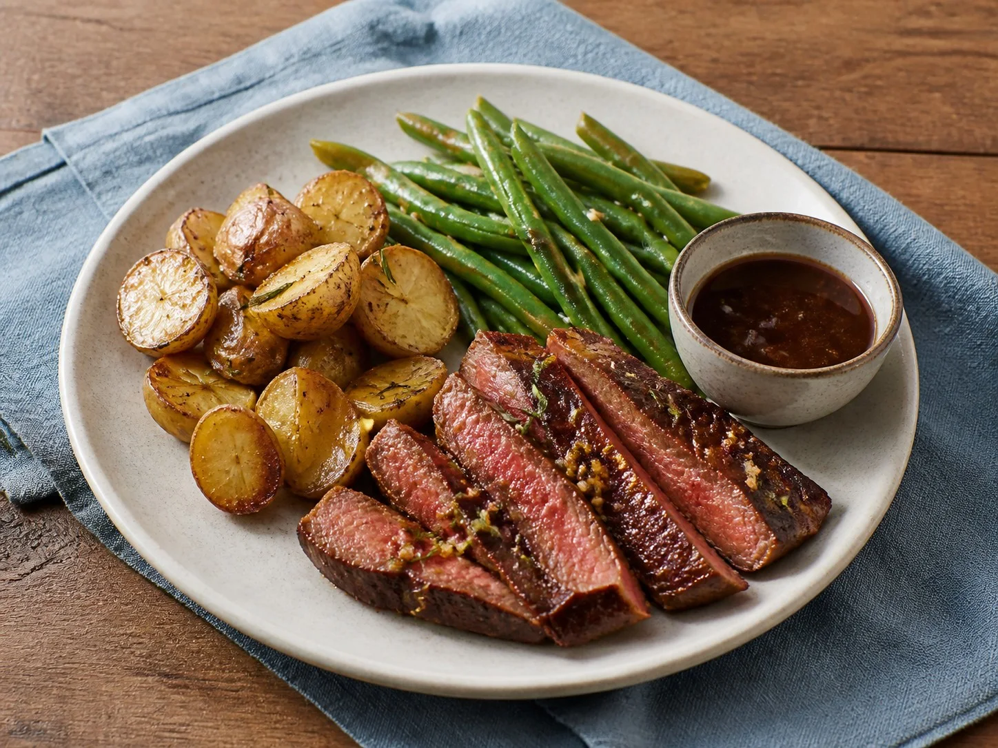 Illustrative image of steak with roasted potatoes served in a simple everyday setting