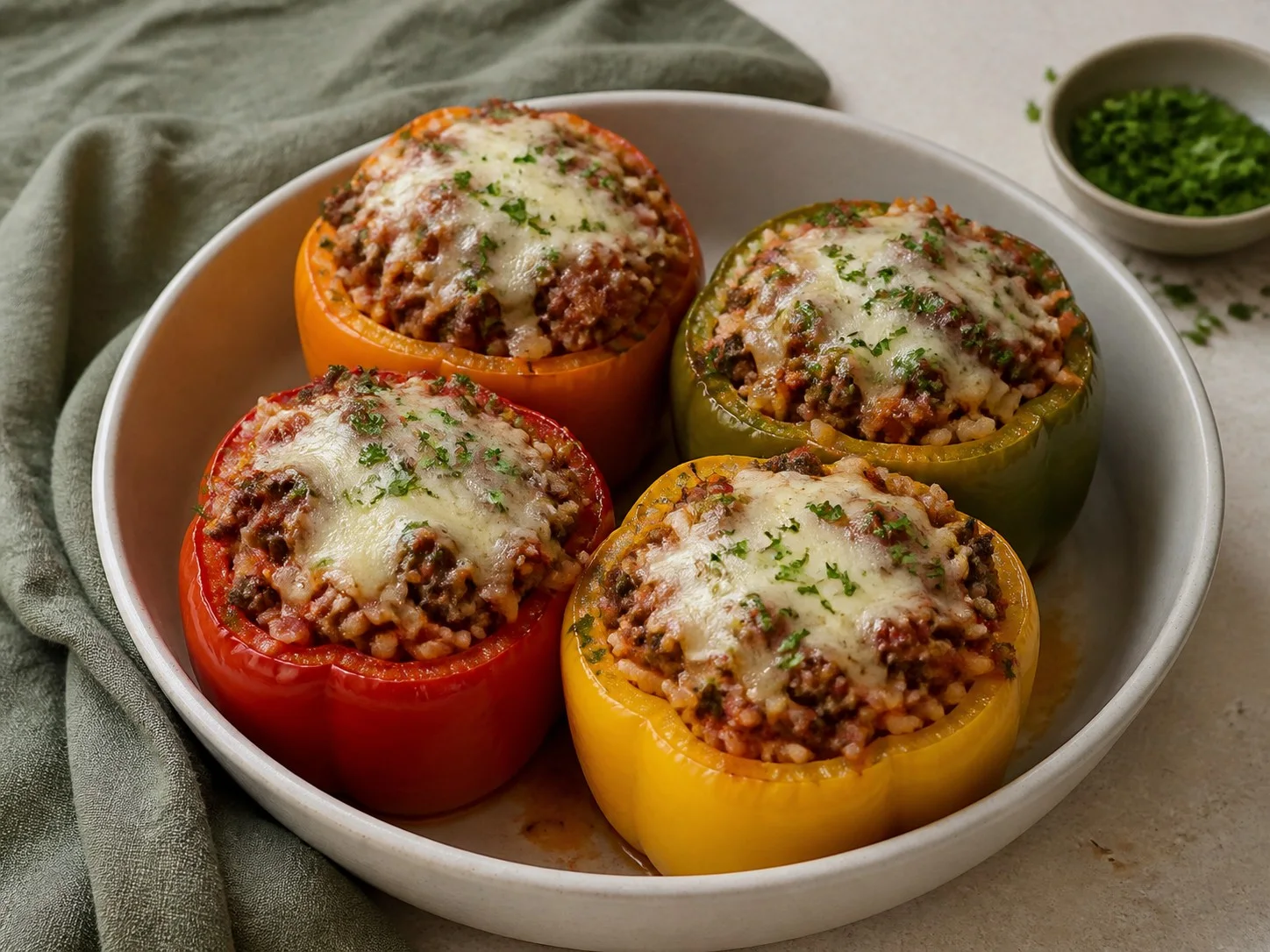 Illustrative image of stuffed peppers served in a simple everyday setting