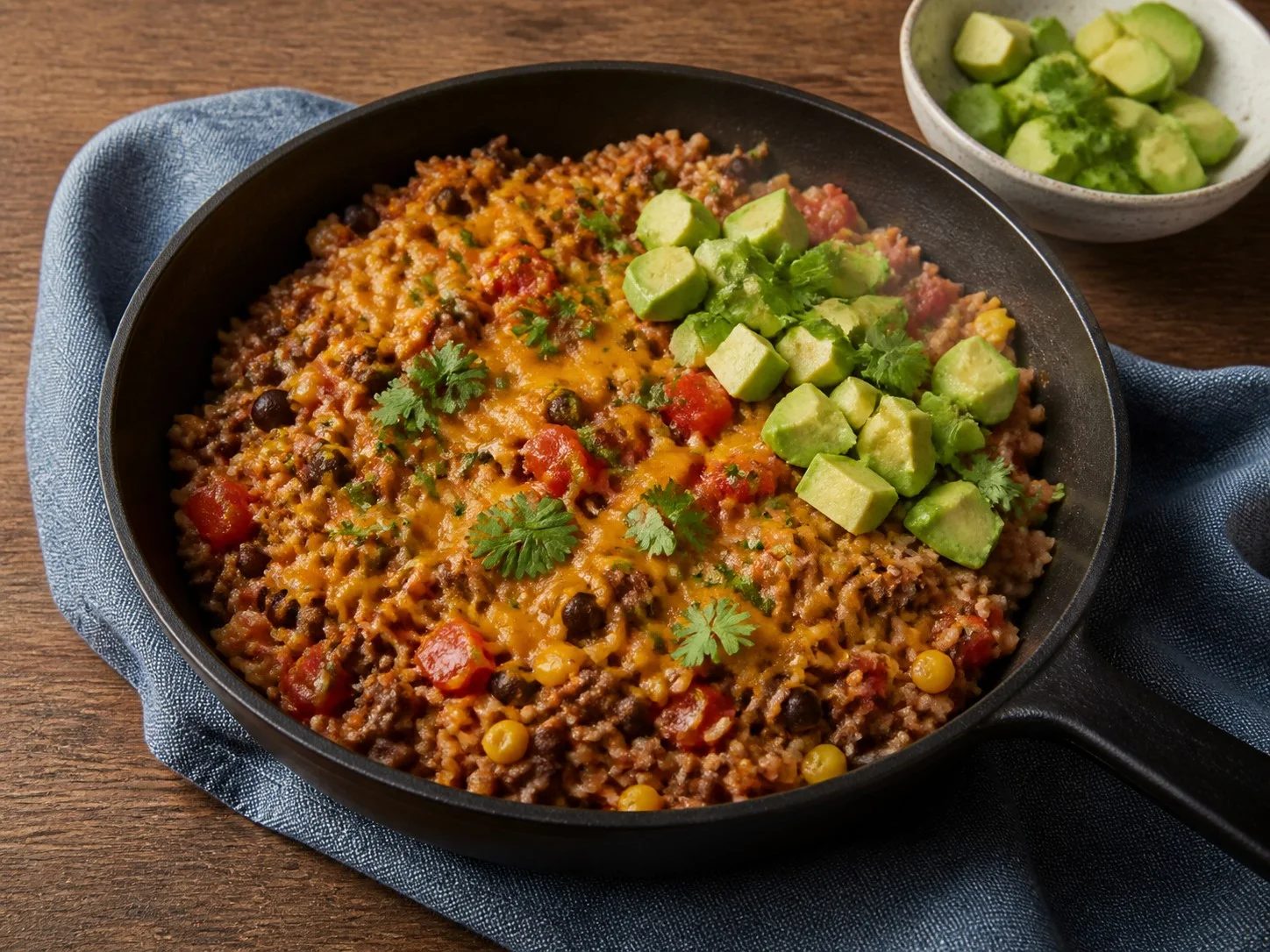 Illustrative image of taco rice skillet served in a simple everyday setting