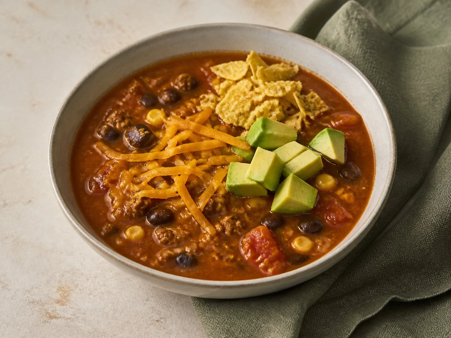 Illustrative image of taco soup served in a simple everyday setting