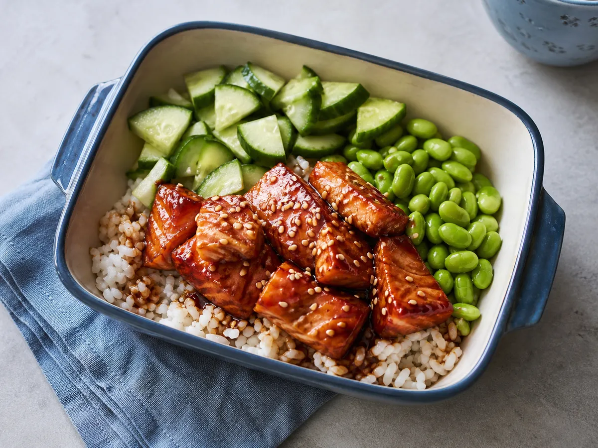 Illustrative image of teriyaki salmon rice bowl served in a simple everyday setting