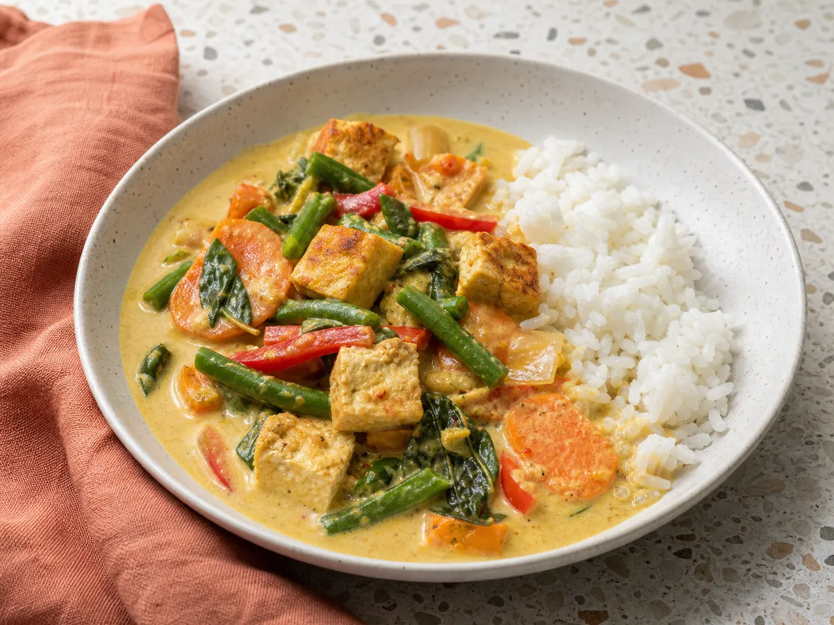 Illustrative image of thai coconut vegetable curry served in a simple everyday setting